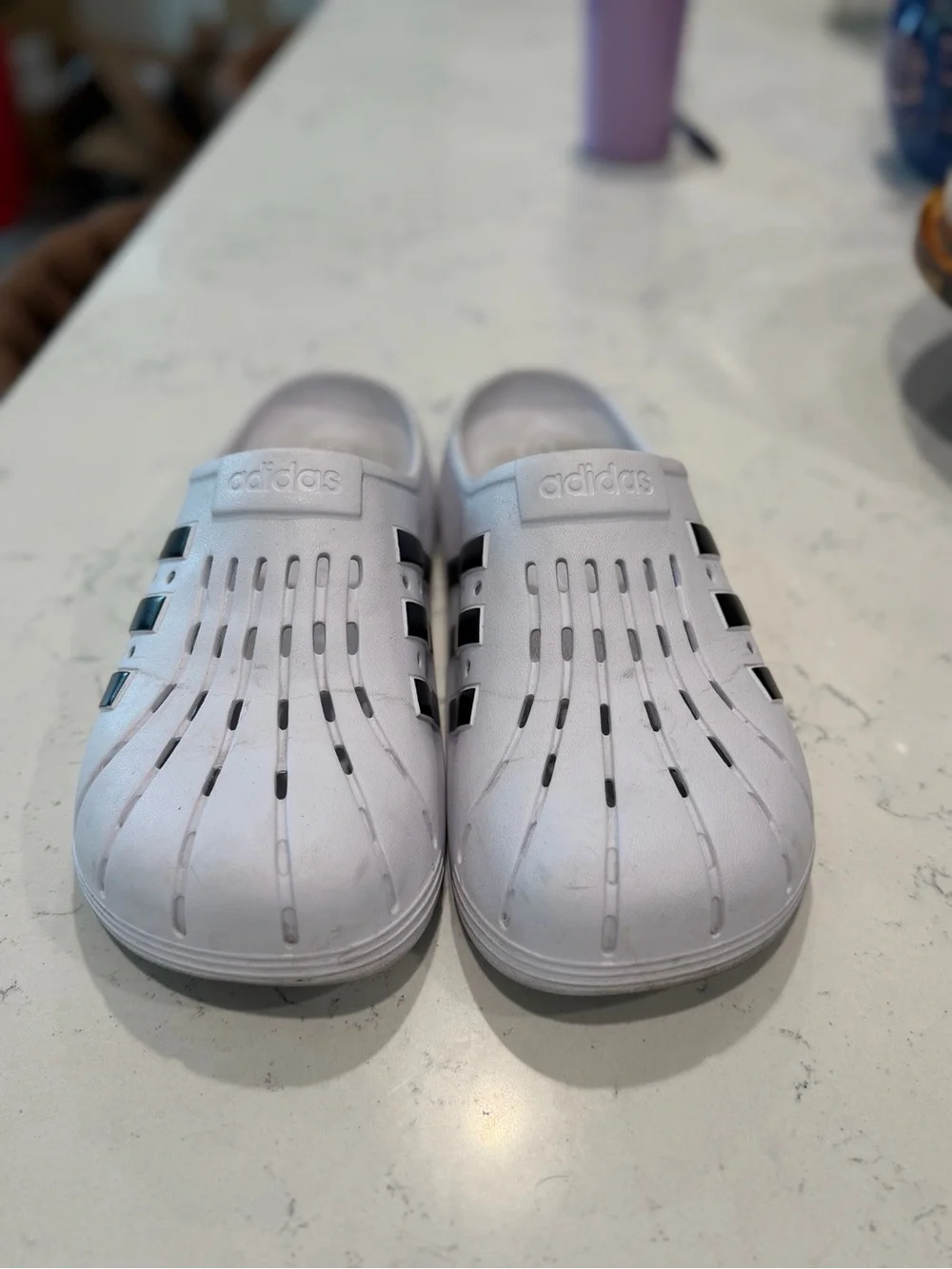 adidas Kids White Slip-On Clogs with Black Stripes